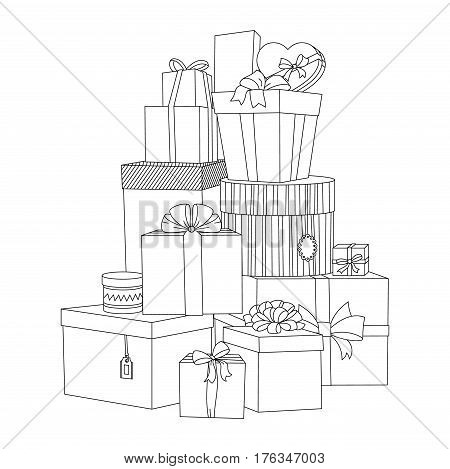 Big pile of colorful wrapped gift boxes. Beautiful box. Gift box. Isolated vector present illustration. Adult Coloring book