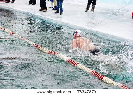 Sahyurta ,irkutsk Region, Russia - March 11.2017: Cup Of Baikal. Winter Swimming. Butterfly