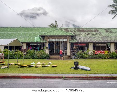 KAUAI, USA - MAR 4: Old Hanalei School shopping area on March 4, 2017 on Kauai, Hawaii. Hanalei is one of the most popular tourist areas on the island of Kauai and is on the north shore.