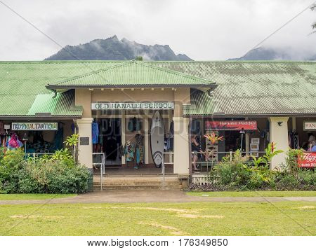 KAUAI, USA - MAR 4: Old Hanalei School shopping area on March 4, 2017 on Kauai, Hawaii. Hanalei is one of the most popular tourist areas on the island of Kauai and is on the north shore.