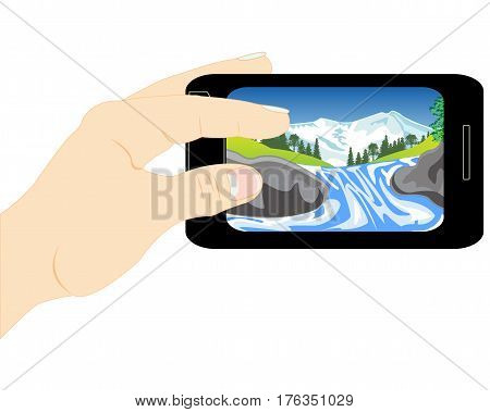 Mobile telephone with picture of the nature in hand of the person