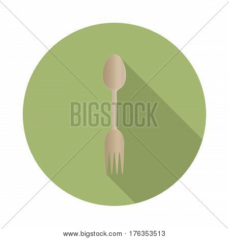 flat vector wooden spork icon with long shadow in to green round geometric shape as zero waste bpa and plastic free concept