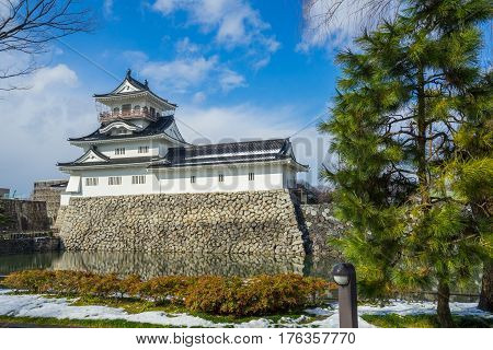 TOYAMA JAPAN - FEB 13, 2017: Toyama castle with snow in Toyama city, Japan