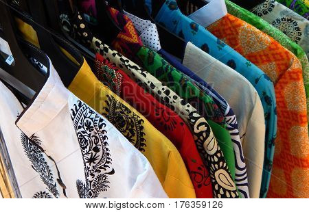 HYDERABAD,INDIA-MARCH 3:Indian Clothes seller hang latest fashion dress in front of temporary retail shop in shilparamam on March 3,2017 in Hyderabad,India.