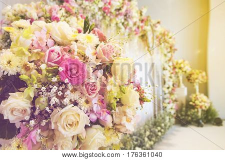 beautiful luxurious wedding backdrop with many flowers color filter and effects added.