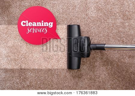 Vacuuming carpet with vacuum cleaner. Cleaning services speech bubble. Housework service. Close up of the head of a sweeper cleaning device.