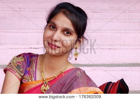 HYDERABAD,INDIA-MARCH 5:Portrait of Indian woman traditional Maharashtra Lavani dancer with makeup,dress,jewelry and hair style on March 5,2017 in Hyderabad,India