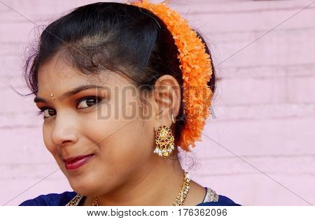 HYDERABAD,INDIA-MARCH 5:Portrait of Indian woman traditional Maharashtra Lavani dancer with makeup,dress,jewelry and hair style on March 5,2017 in Hyderabad,India