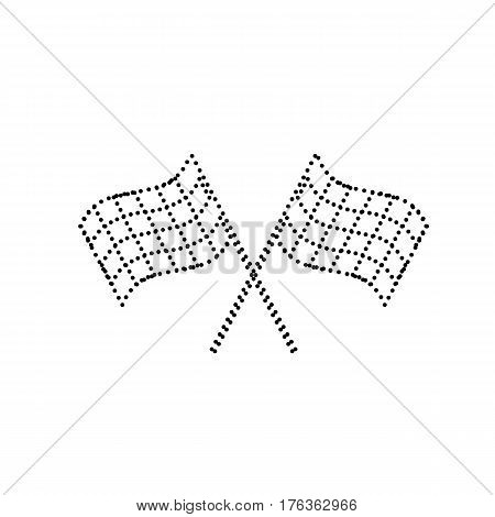 Crossed checkered flags logo waving in the wind conceptual of motor sport. Vector. Black dotted icon on white background. Isolated.