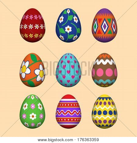Colorful Easter eggs set over yellow background. Vector illustration.