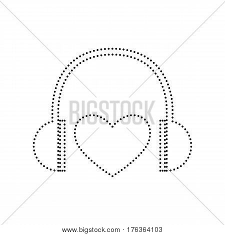 Headphones with heart. Vector. Black dotted icon on white background. Isolated.