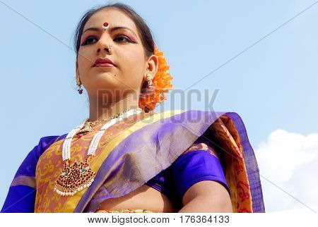 HYDERABAD,INDIA-MARCH 5:Indian woman perform to demonstrate Lavani Dance,Maharashtra art form, on International women day on March 5,2017 in Hyderabad,India