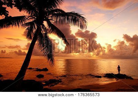 Colorful Sunrise  On The Beach In Lavena Village In Taveuni Island, Fiji