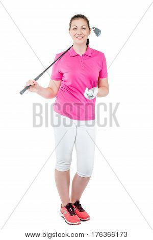 Young Woman Golfer In Full Length Posing On A White Background