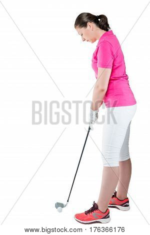 Brunette Golfer In Full Length Plays Golf On A White Background