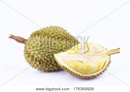 yellow peeled   durian  mon thong is king of fruits durian and  fruit plate tropical durian on white background healthy durian fruit food isolated