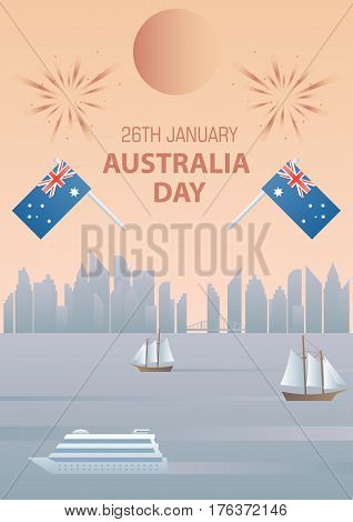 Australia Day 26 january vintage poster against the backdrop of the city with flags and fireworks. Festive background.