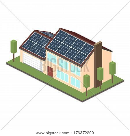 Icon isometric house with solar panels. Low poly.