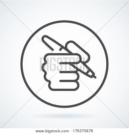 Black flat simple icon style line art. Outline symbol with stylized image of a hand of a human with a pen, as a contract or signing in circumference. Stroke vector logo mono linear pictogram.