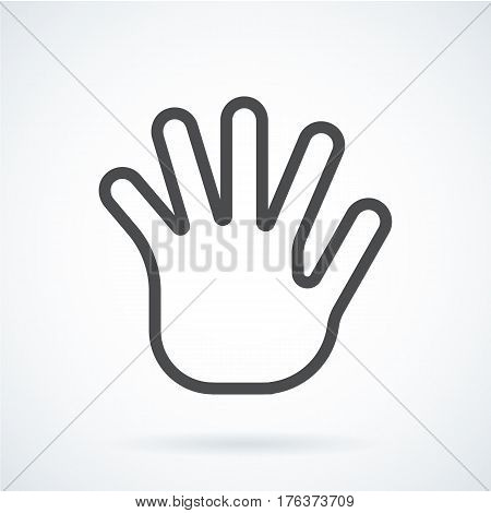 Black flat simple icon style line art. Outline symbol with stylized image of a gesture hand of a human greeting, palm and five fingers. Stroke vector logo mono linear pictogram web graphics.