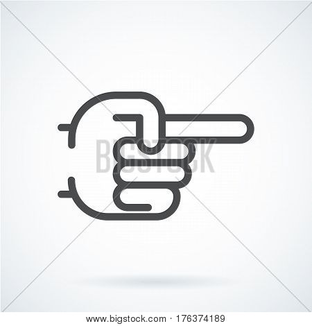 Black flat simple icon style line art. Outline symbol with stylized image of a gesture hand of a human forefinger, pointer. Stroke vector logo mono linear pictogram web graphics. On a gray background.