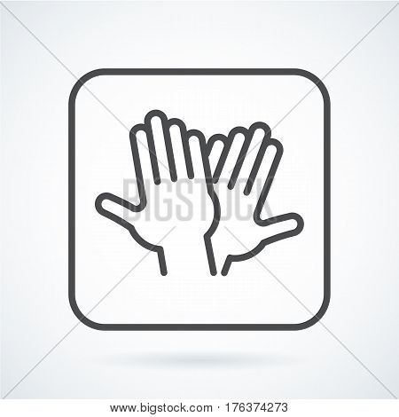 Black flat simple icon style line art. Outline symbol with stylized image of a gesture hand of a human high five, greeting in a square with rounded corners. Stroke vector logo mono linear pictogram.