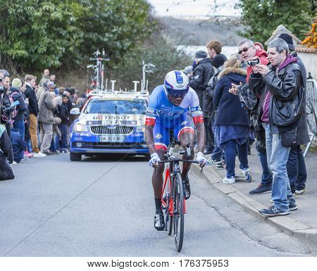 Conflans-Sainte-HonorineFrance-March 62016: The French cyclist Kevin Reza of FDJ Team riding during the prologue stage of Paris-Nice 2016.