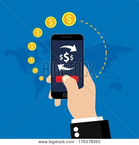 Mobile money transfer and exchange. Vector illustration icon.