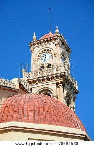 View of Saint Minas Cathedral clock tower Heraklion Crete Greece Europe.