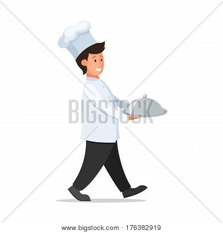 Smiling cook with tray in his hands. Cheerful chef carries food. Food delivery. Vector illustration in cartoon style isolated on white background