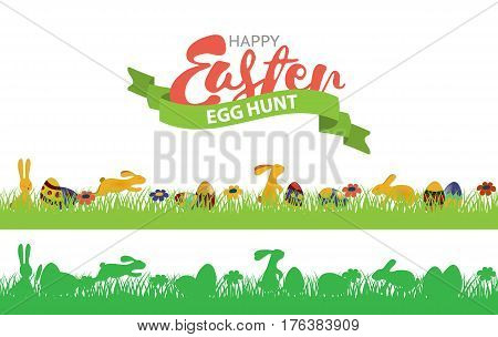 Easter seamless border with rabbits, grass and eggs. Multi-colored and monochromatic seamless border set. Egg hunt icon.