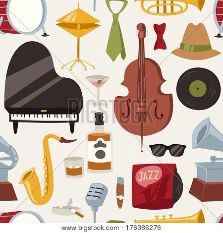 Fashion jazz band music party symbols and musical instrument sound concert acoustic blues bass design vector seamless pattern