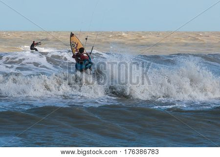 SAN BENEDETTO DEL TRONTO - MARCH 10, 2017: Extreme Sport Kitesurfing.