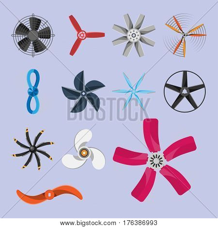 Turbines icons propeller fan rotation technology equipment. Fan blade, wind ventilator propeller fan equipment generator. Vector illustration propeller fan vector electric industrial ventilators.