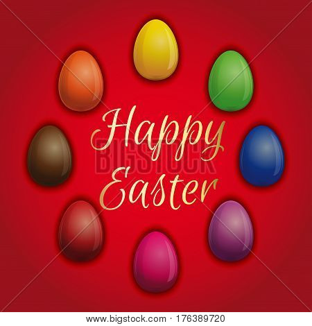 Set beautiful multicolored Easter eggs on a red background. Easter eggs vector icons. Happy Easter. Greeting card for Easter holidays design. Vector illustration