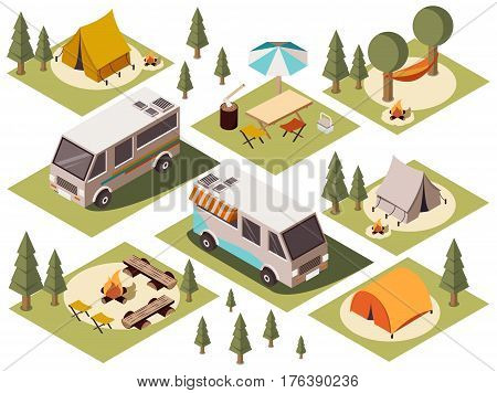 Isometric set of camp elements with vans tents bonfires chairs tables hammock and umbrella isolated vector illustration