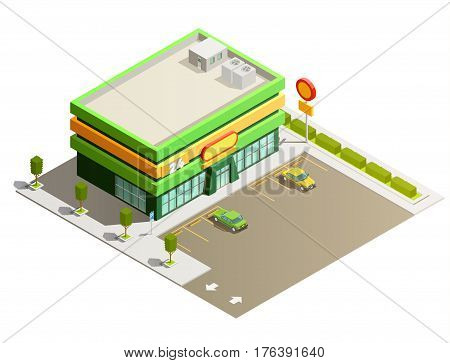 Department store supermarket light green modern building exterior outdoor isometric view with adjacent parking lot vector illustration