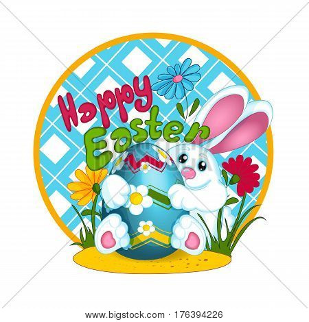 A white Easter bunny rabbit holds a large Easter colored egg with a pattern of daisies. Glade with flowers and grass. Greeting card. Funny character. Sticker.
