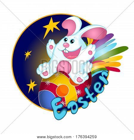 A white Easter bunny rabbit flies on an Easter egg decorated like a space rocket. Rainbow tail and stars. Greeting card. Funny character. Sticker.