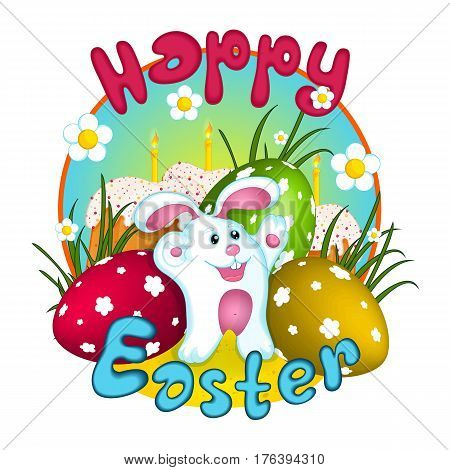 White Easter bunny rabbit three eggs with ornament and cakes with burning candles. Greeting card. Funny character. Sticker.