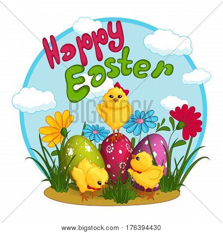 Three cute yellow chicken near Easter eggs decorated with a pattern. Greeting card with holiday. Funny character. Sticker.