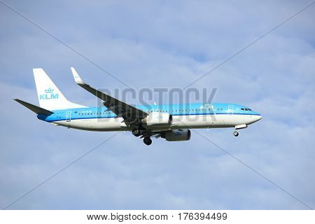 Amsterdam the Netherlands - July 15th 2016:PH-BXE KLM Royal Dutch Airlines Boeing 737 approaching Polderbaan runway at Schiphol Amsterdam Airport arriving from Ibiza Spain