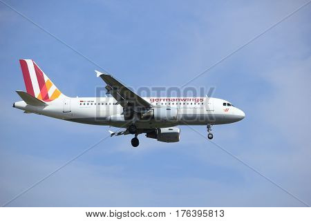 Amsterdam the Netherlands - July 21st 2016: D-AKNO Germanwings Airbus A319 approaching Polderbaan runway at Schiphol Amsterdam Airport arriving from stuttgard Germany