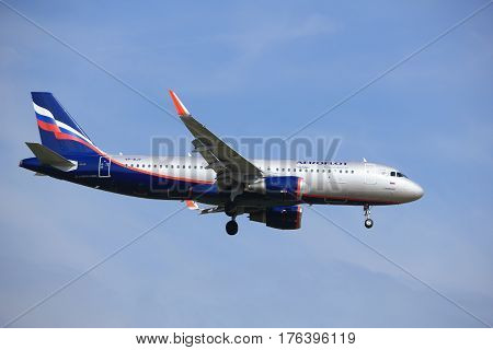 Amsterdam the Netherlands - July 21st 2016:VP-BJY Aeroflot - Russian Airlines Airbus A320 approaching Polderbaan runway at Schiphol Amsterdam Airport arriving from Moscow Russia