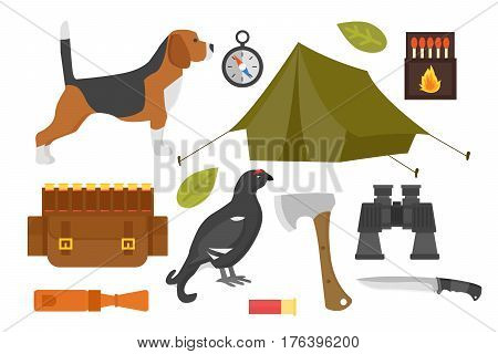 Set of vintage hunting symbols camping objects design elements flat style hunter weapons and forest wild animals and other outfit isolated vector illustration. Aiming outdoors equipment.