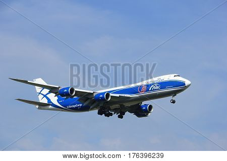 Amsterdam the Netherlands - July 21st 2016:VQ-BGZ AirBridgeCargo Boeing 747 approaching Polderbaan runway at Schiphol Amsterdam Airport arriving from Moscow Russia