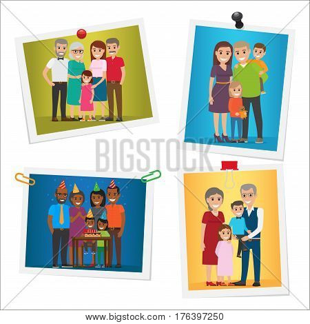 Happy family pinned portraits set. Smiling parents and grandparents standing with children and celebrating kids birthday with friends on pictures with pins and clips isolated flat vector illustration