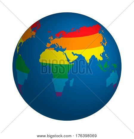 Globe symbol with lgbt rainbow colored world map. Icon of Earth isolated on white.
Colorful rainbow earth globe icon hanging in light space
World map painted in seven primary colors