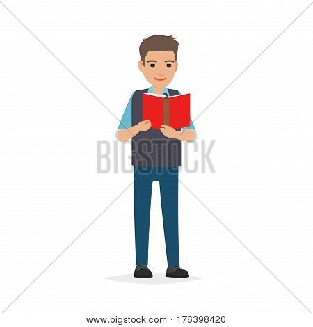 Young man reading textbook. Brown-haired male student standing with open book in hands flat vector isolated on white background. Enthusiastic reader illustration for educational and hobby concepts