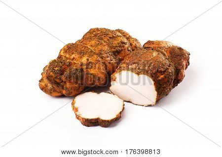 balyk on a white background. dried meat. beef, pork